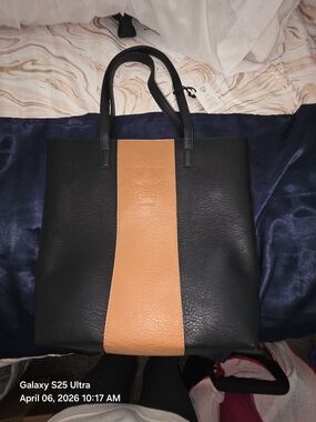MCM Black Leather Tote with Cognac Center Stripe. NWT
